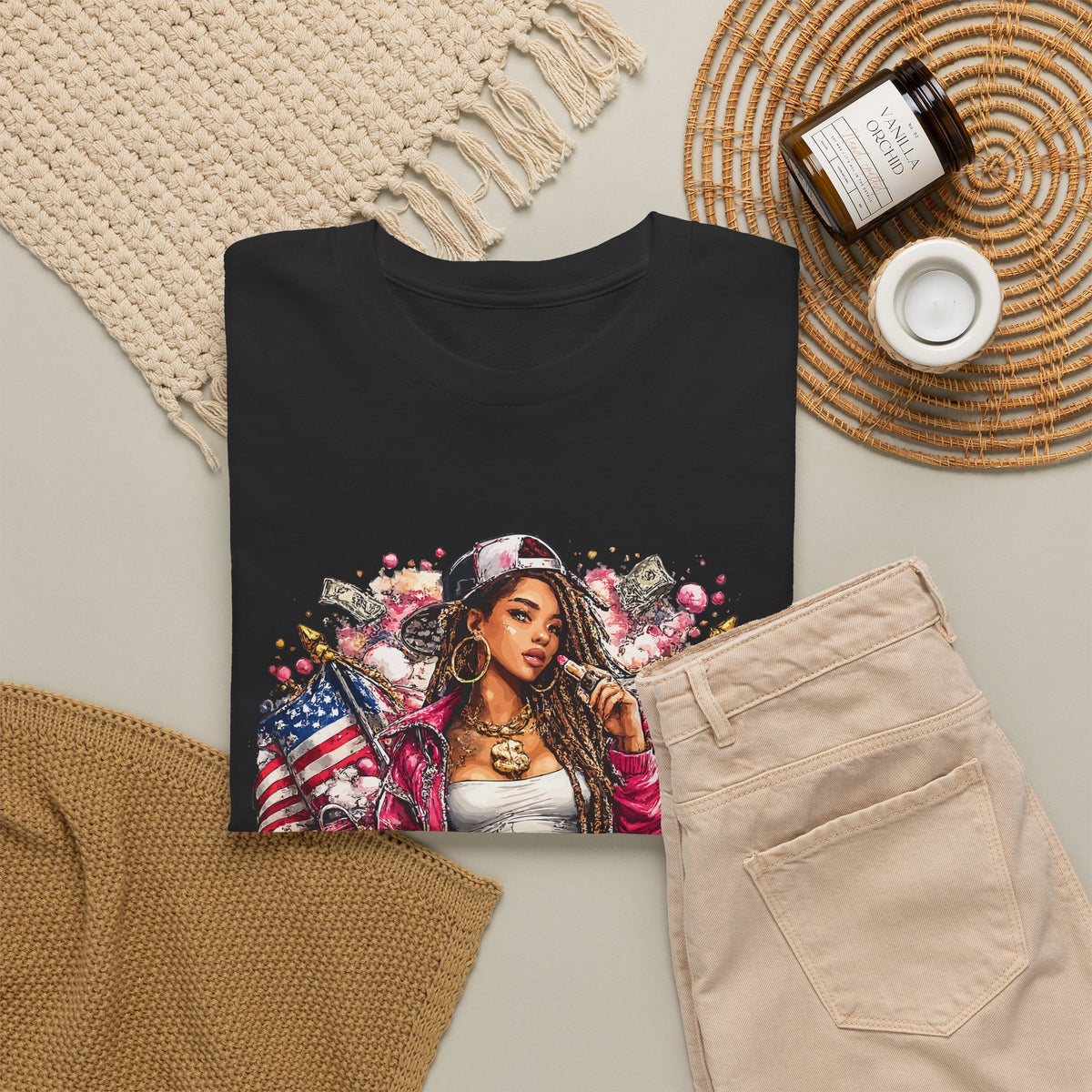 Streetwear Queen T-Shirt – Chicana Tattoo & American Flag Graphic Tee