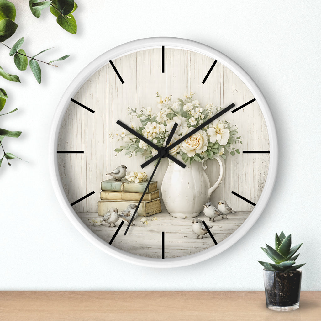 Vintage Floral Pitcher with Birds Wall Clock | Rustic Cottage Shabby Chic