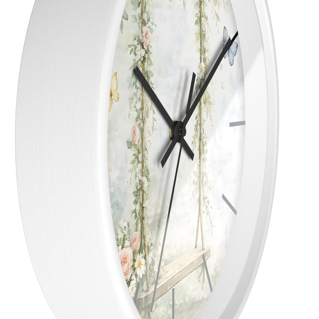 Floral Swing Illustration Wall Clock | Vintage Garden, Butterflies