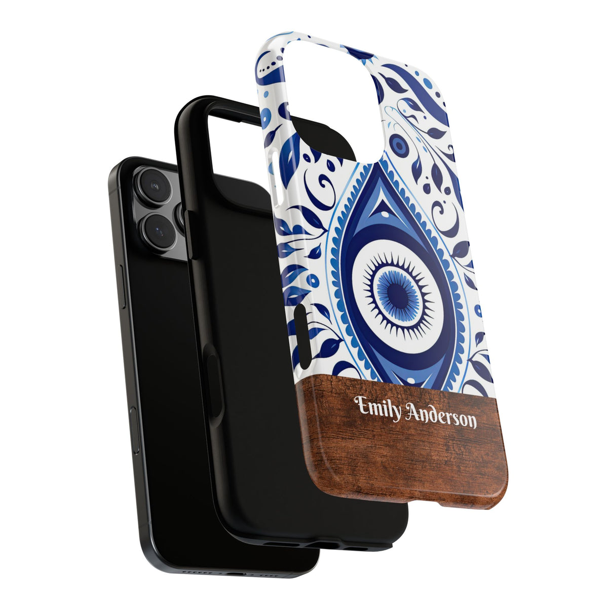 Personalized Blue Tile Phone Case with Name – Mediterranean Floral Design