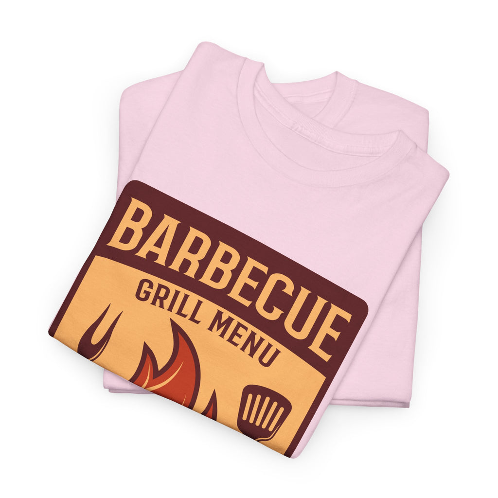 BBQ Grill Menu T-Shirt – Flames & Grilling Utensils Graphic Tee