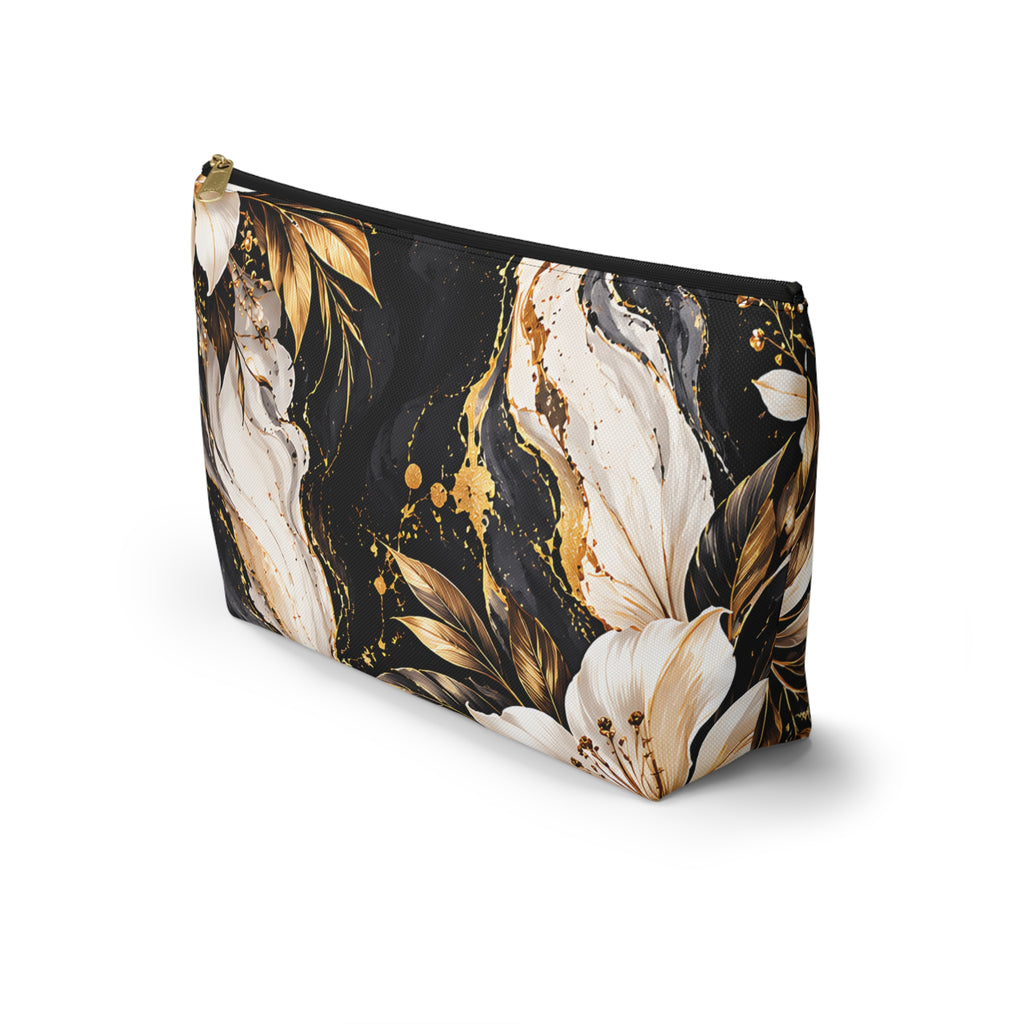 Black & Gold Floral Pouch – Luxury Marble Botanical Print