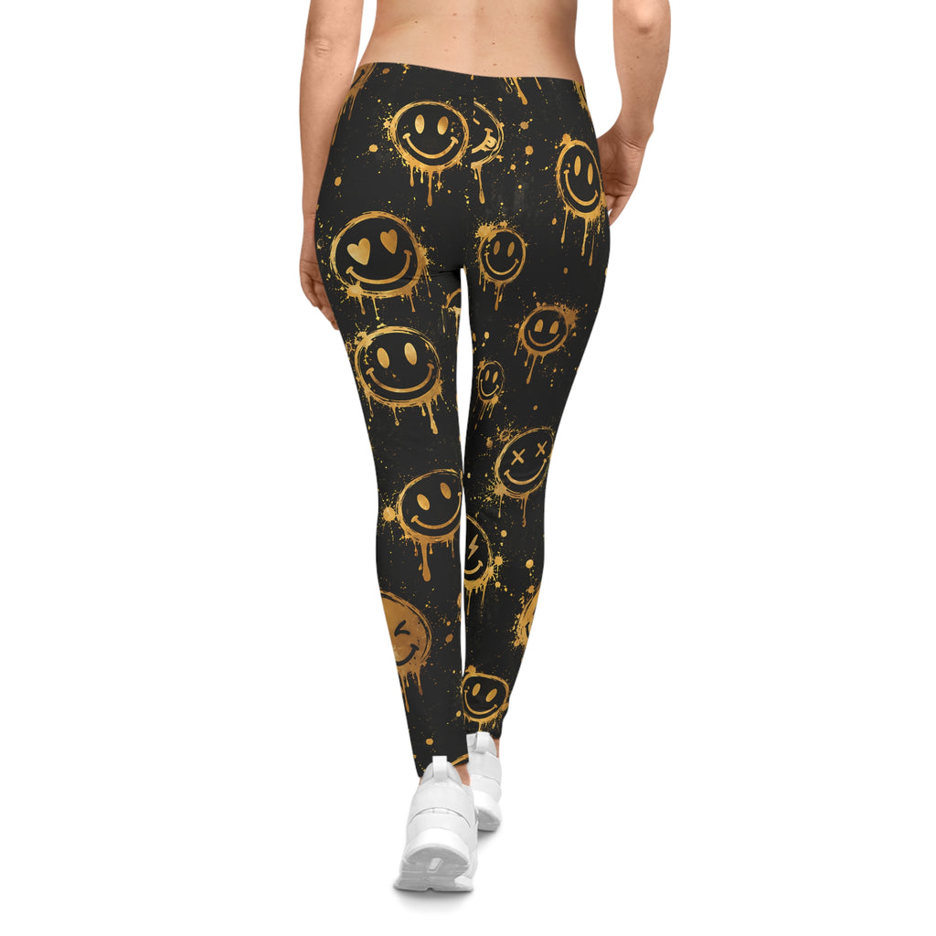 Gold Graffiti Smiley Leggings – Black Streetwear Print