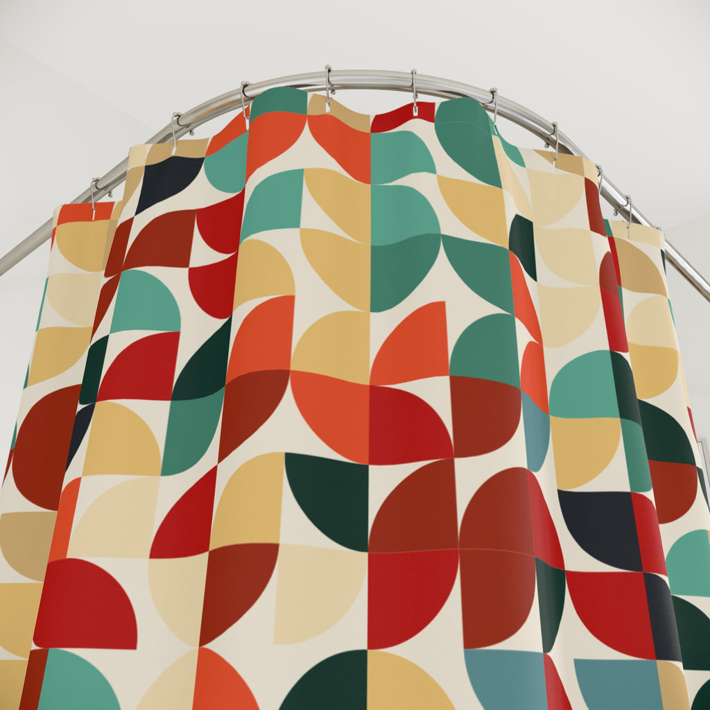 Mid Century Modern Shower Curtain | Retro Abstract Geometric Bathroom Decor | Colorful 70s Bath Curtain