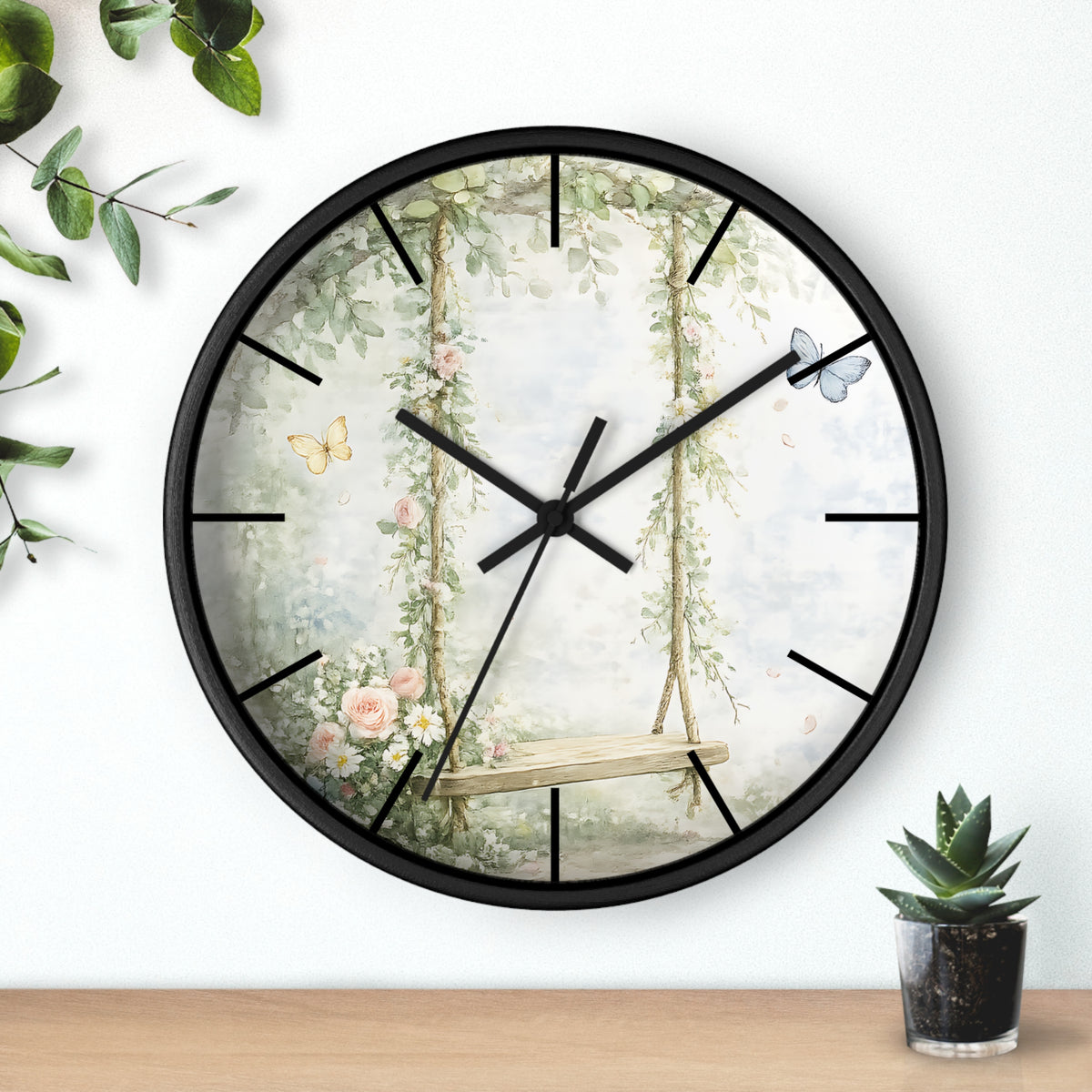 Floral Swing Illustration Wall Clock | Vintage Garden, Butterflies