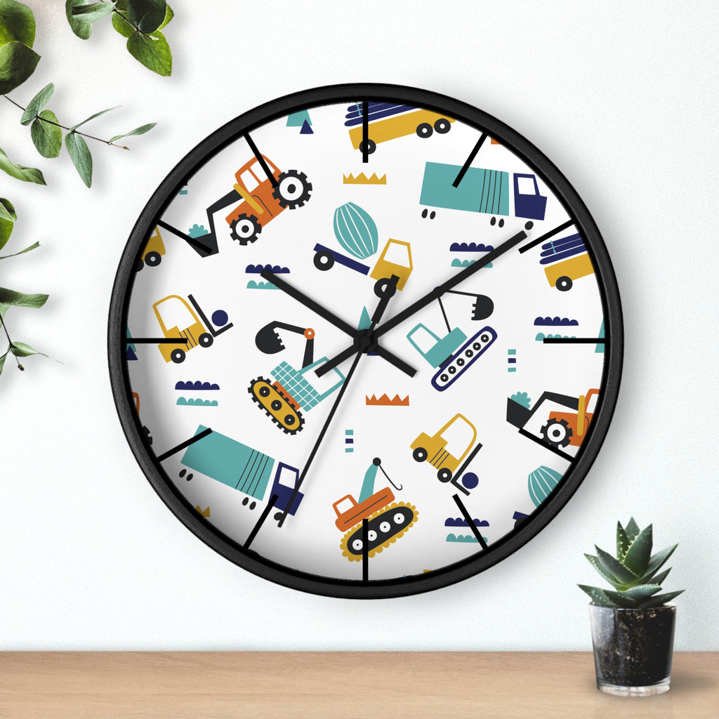 Construction Vehicles Wall Clock | Kids Diggers Excavator Pattern