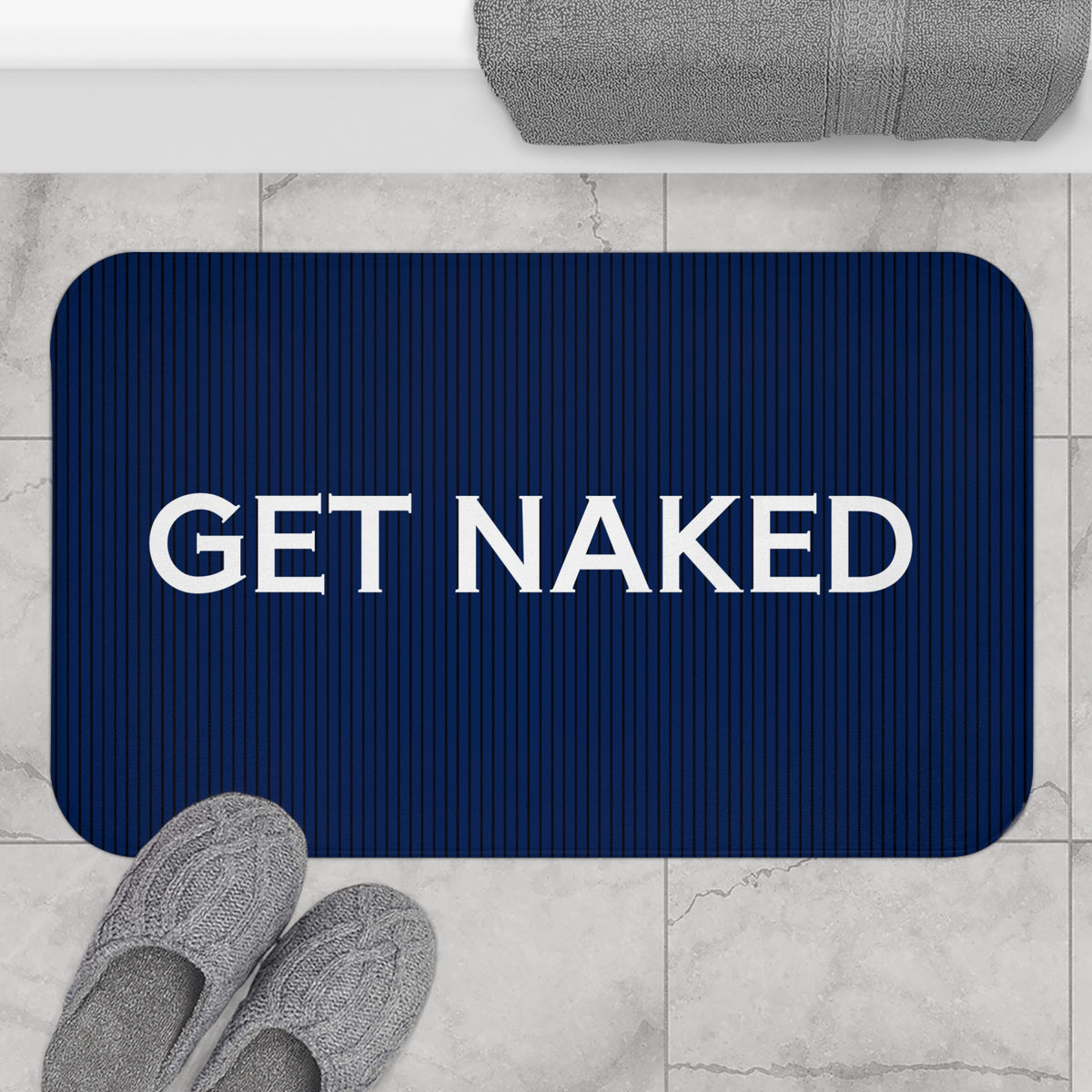 Get Naked Bath Mat – Funny Navy Blue Bathroom Decor