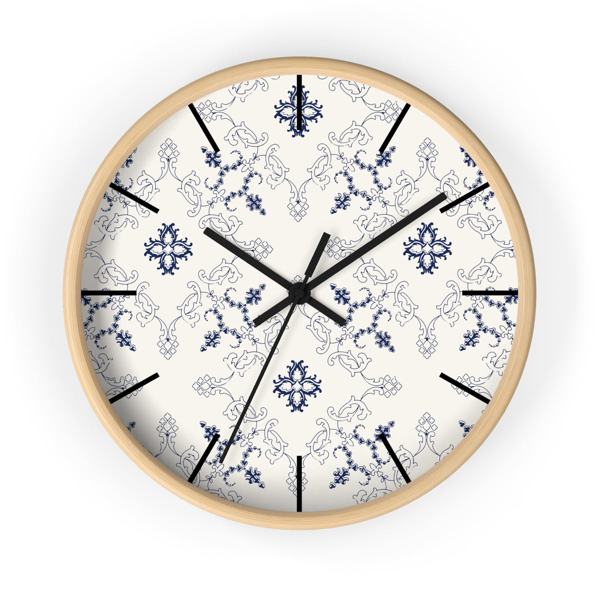 Blue Floral Damask Wall Clock | Vintage Tile Pattern, Ceramic Inspired