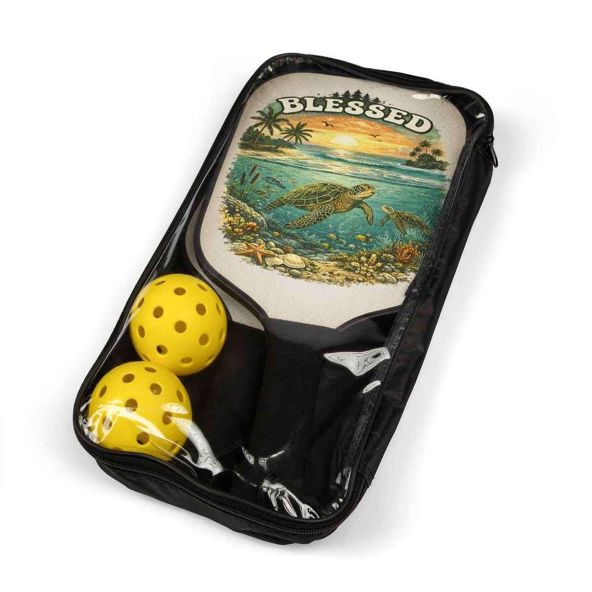 Blessed Sea Turtle Pickleball Paddle Set | Beach Sunset Coastal Paddle Gift