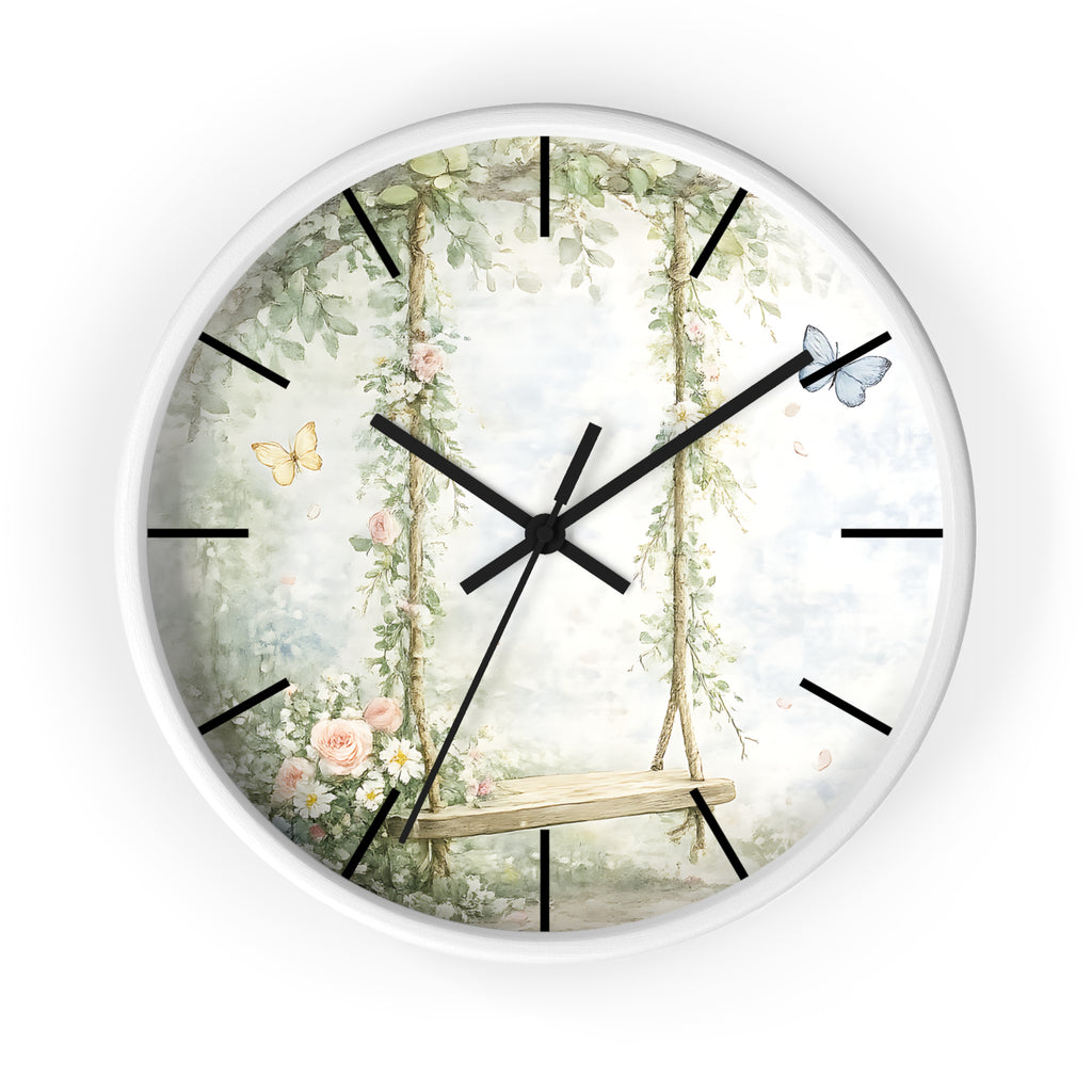 Floral Swing Illustration Wall Clock | Vintage Garden, Butterflies