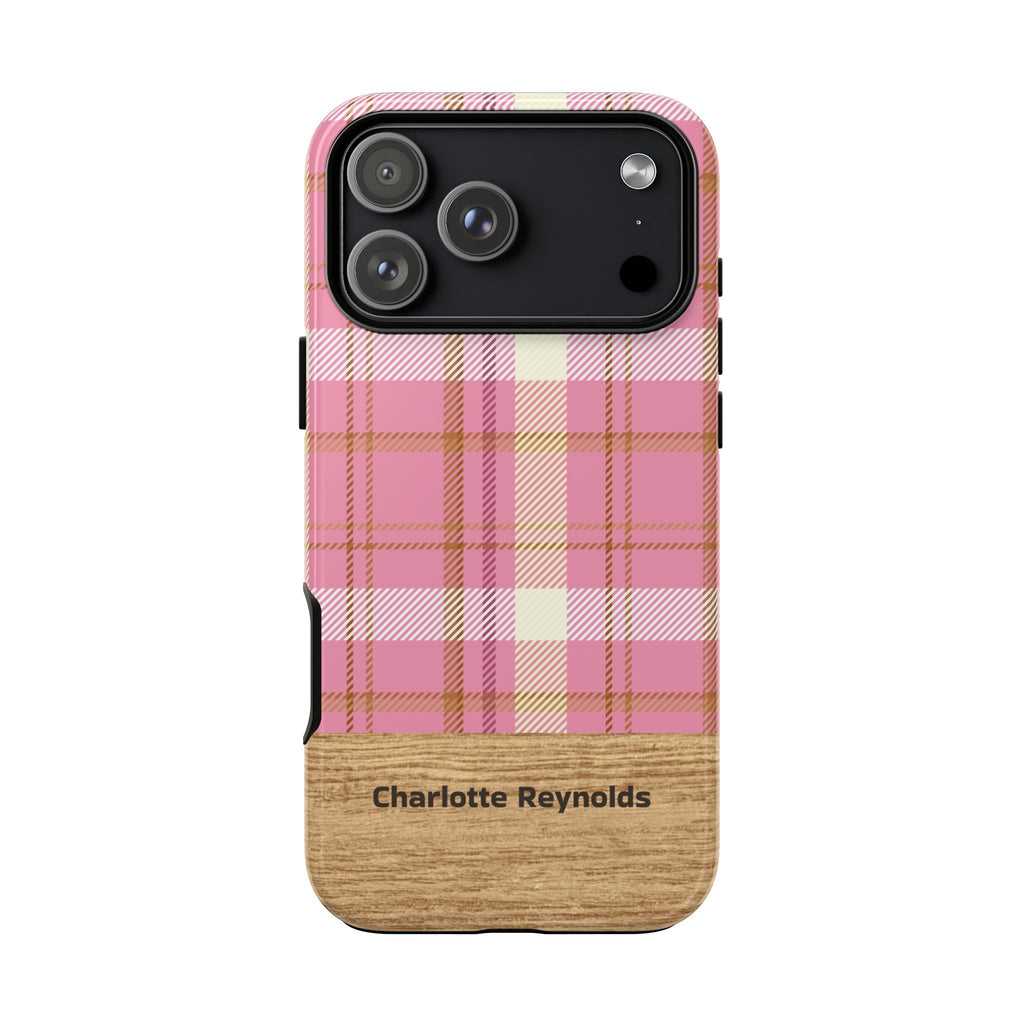 Personalized Pink Plaid Phone Case with Name – Wood Accent Tough Case