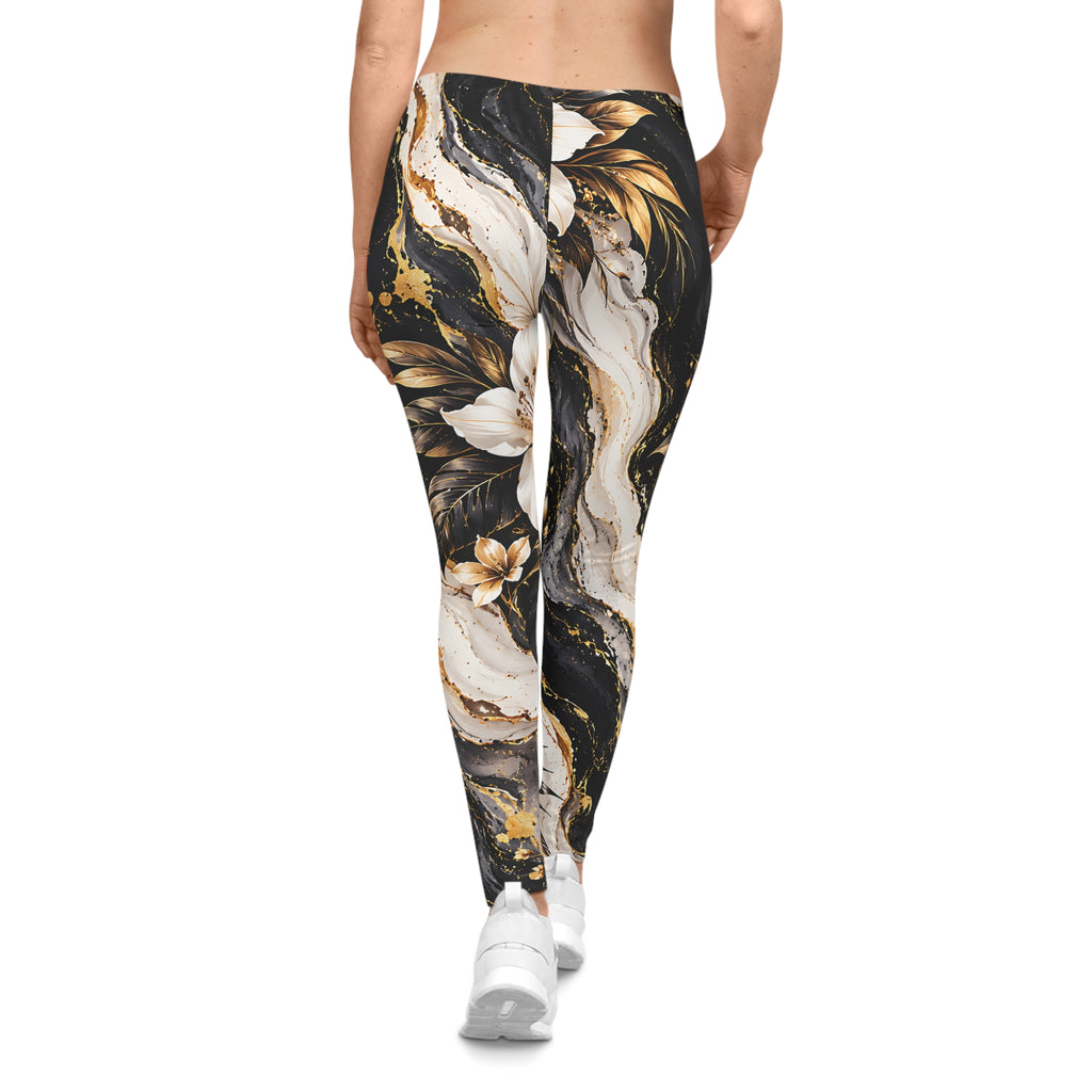 Floral Marble Leggings – Black, White & Gold Floral Design