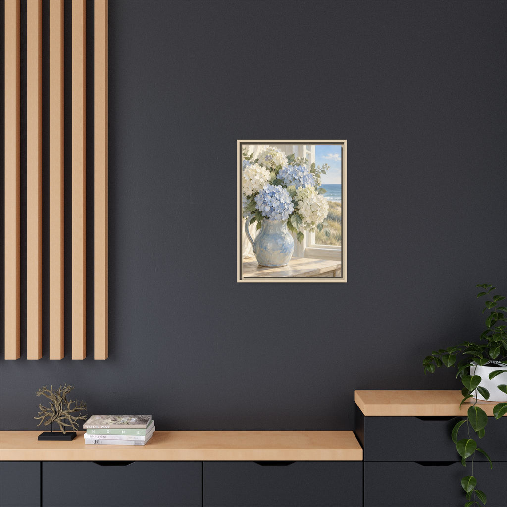 Coastal Hydrangeas Framed Canvas – Blue & White Floral Wall Art
