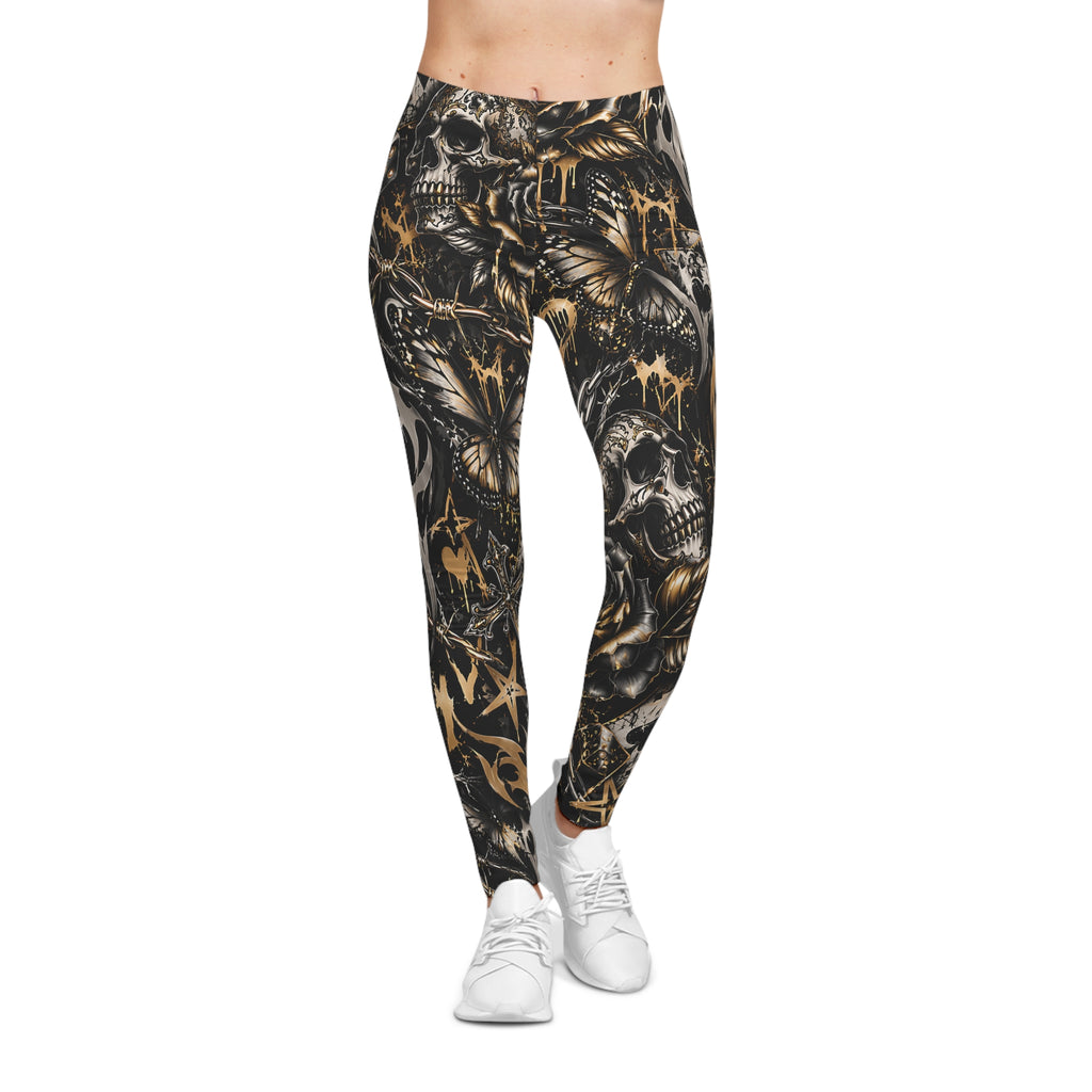 Gothic Skull Leggings – Black & Gold Tattoo Print
