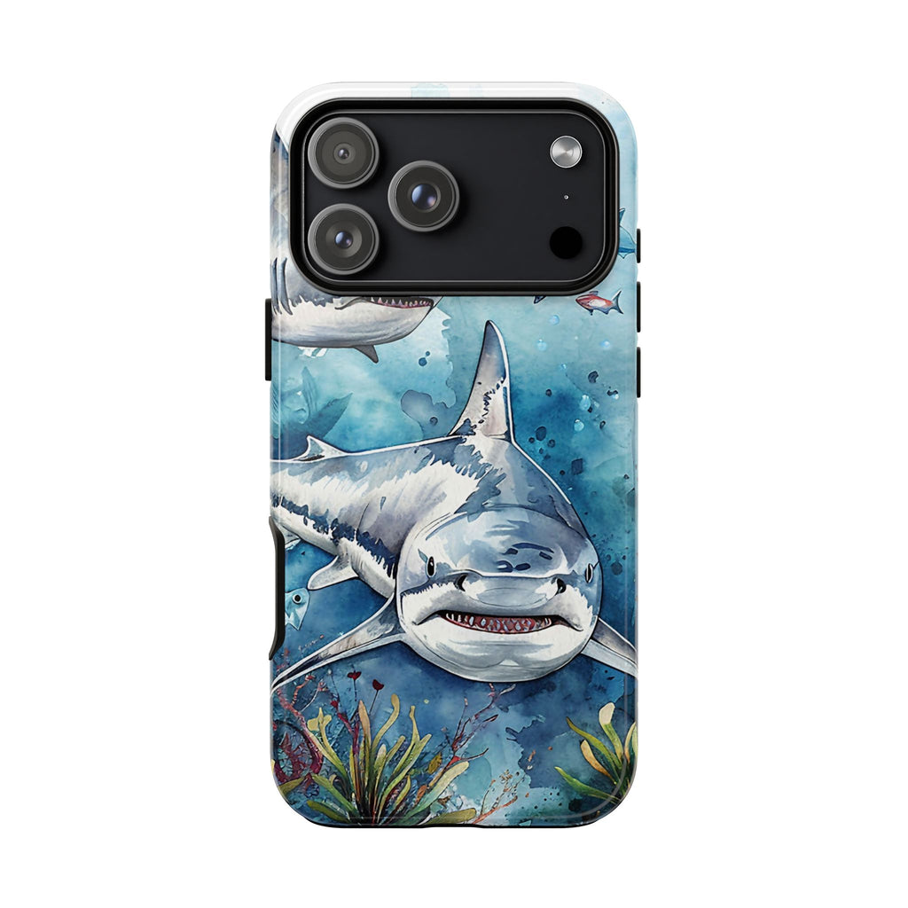 Great White Shark Tough Phone Case – Watercolor Ocean Design