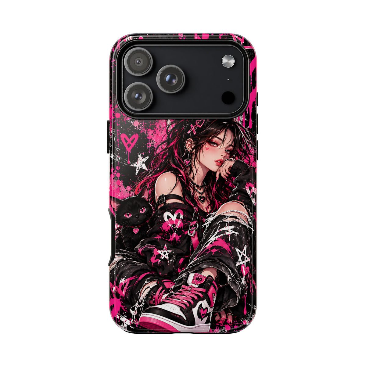 Gothic Anime Girl & Black Cat Phone Case – Pink Grunge Tough Case