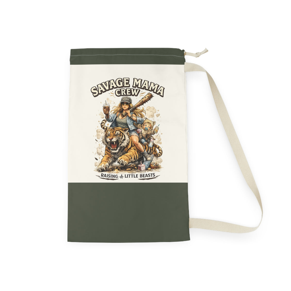 Savage Mama Crew Laundry Bag | Illustrated Mom and Kids, Tiger Rider