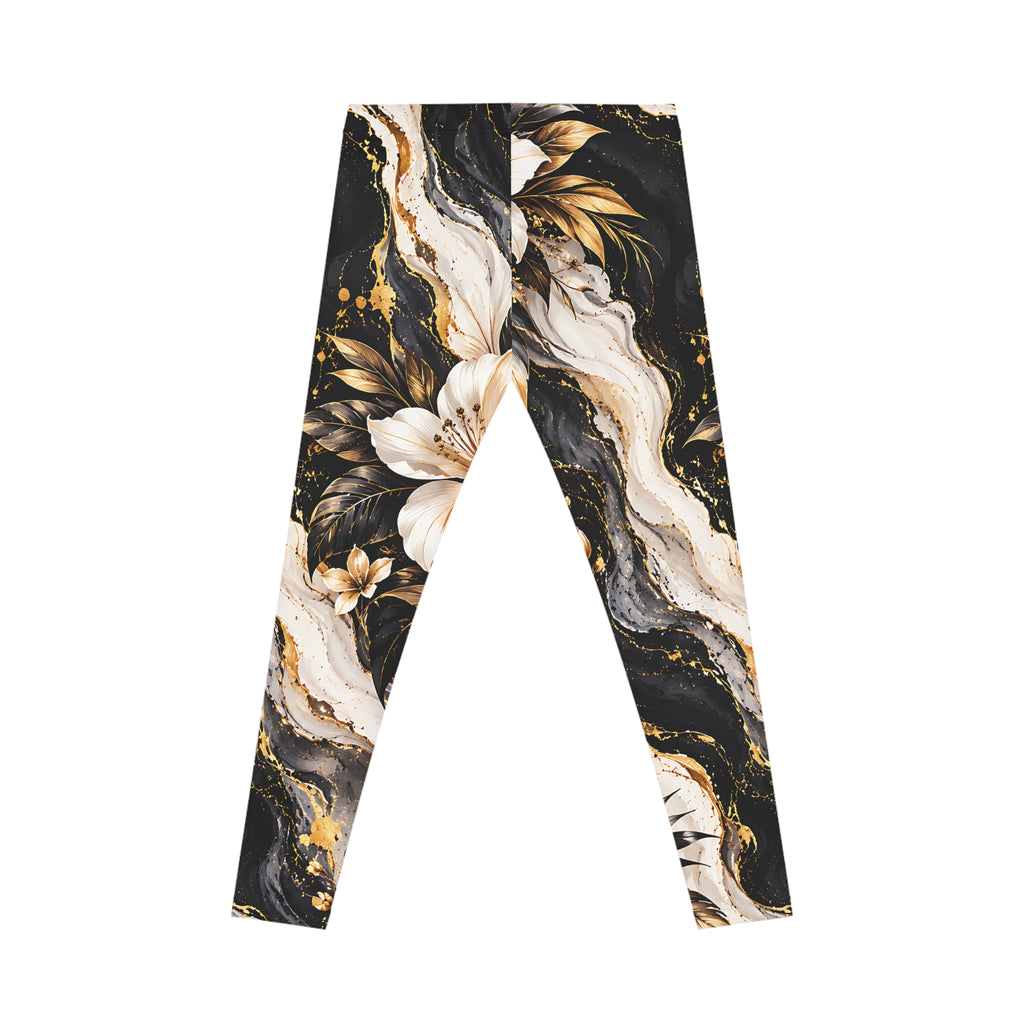 Floral Marble Leggings – Black, White & Gold Floral Design