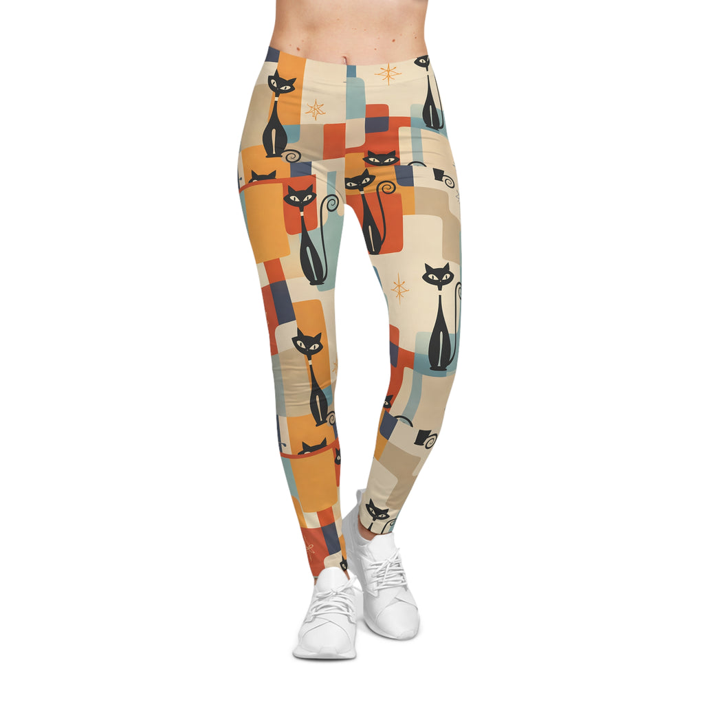 Retro Black Cat Leggings – Mid-Century Geometric Print