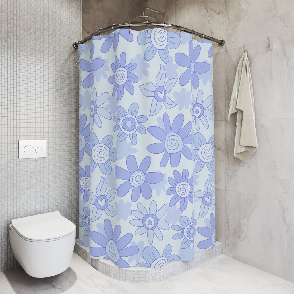 Blue Floral Shower Curtain | Retro Daisy Bathroom Decor | Soft Pastel Modern Bath Curtain