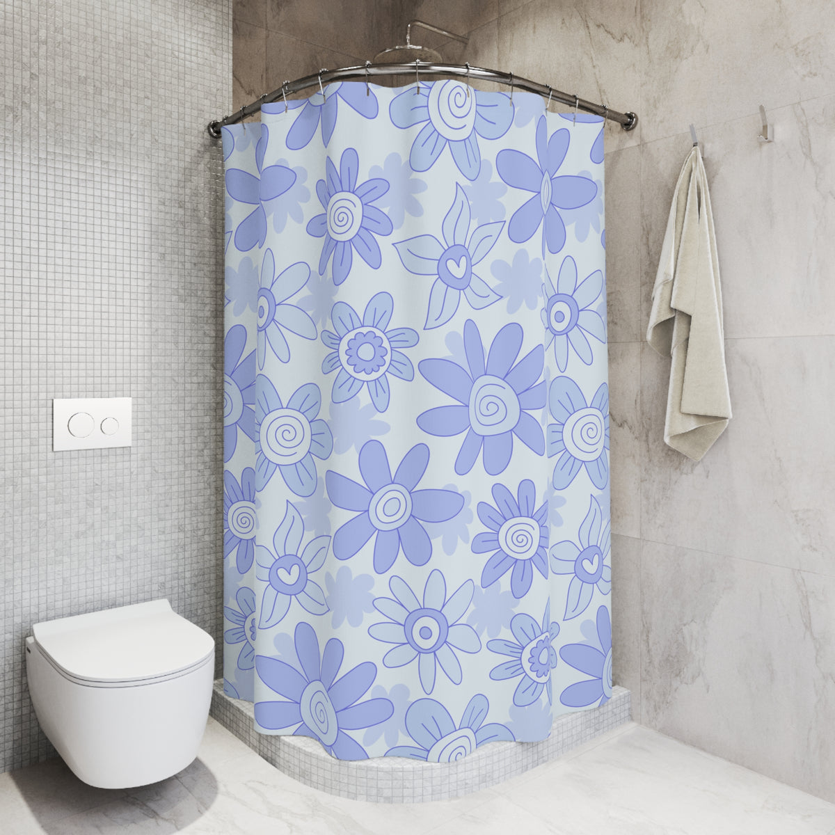 Blue Floral Shower Curtain | Retro Daisy Bathroom Decor | Soft Pastel Modern Bath Curtain