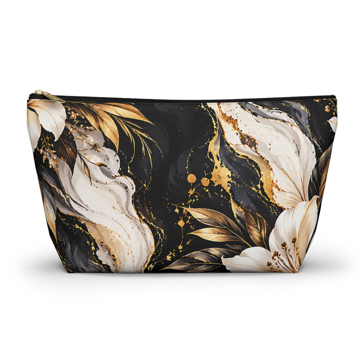 Black & Gold Floral Pouch – Luxury Marble Botanical Print