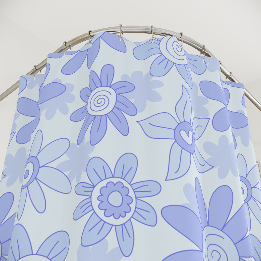 Blue Floral Shower Curtain | Retro Daisy Bathroom Decor | Soft Pastel Modern Bath Curtain
