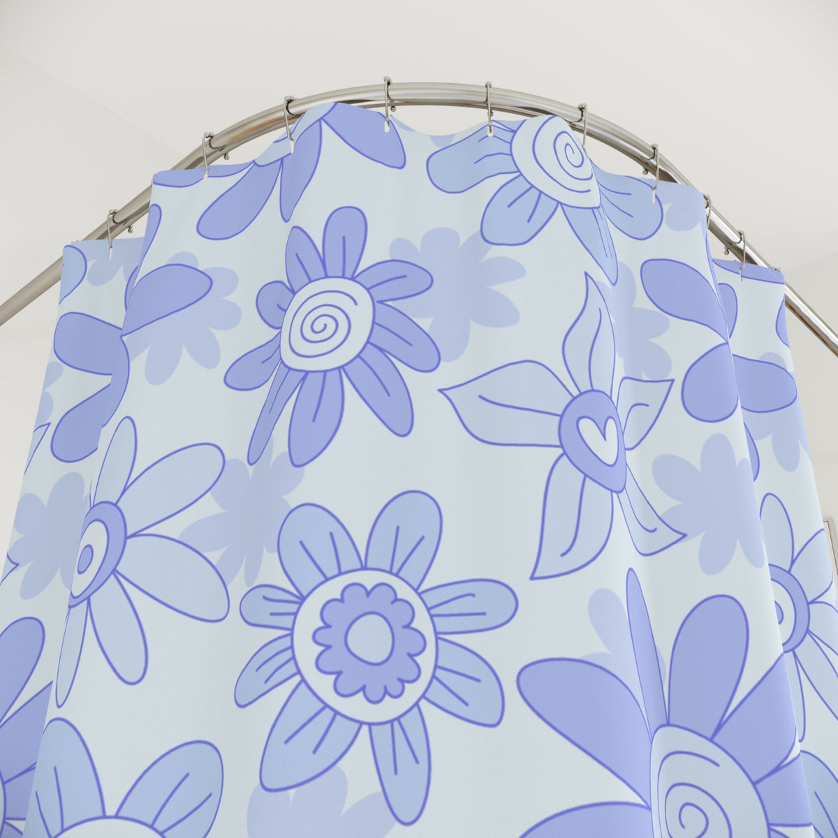 Blue Floral Shower Curtain | Retro Daisy Bathroom Decor | Soft Pastel Modern Bath Curtain