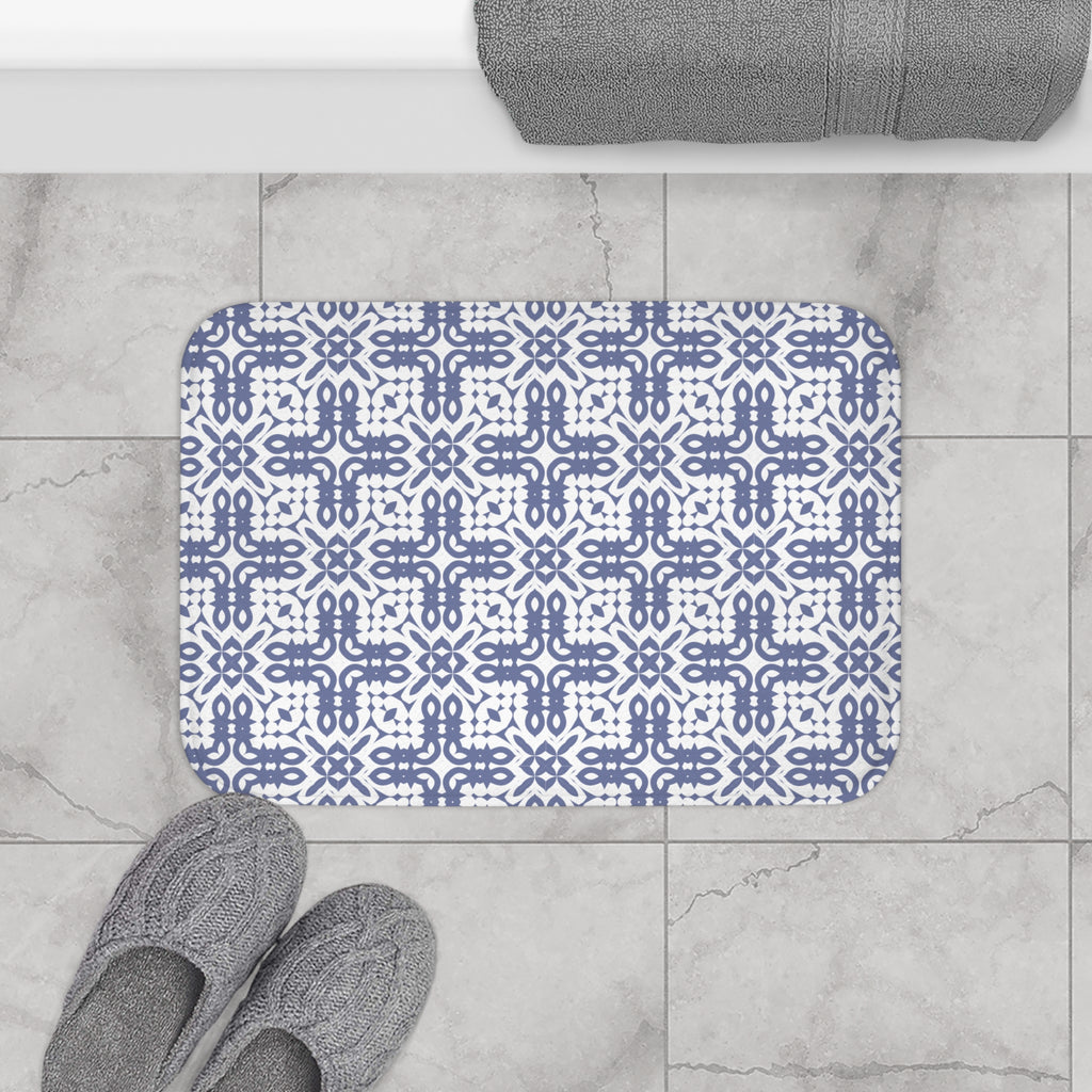 Blue Geometric Tile Bath Mat – Mediterranean Pattern Bathroom Decor