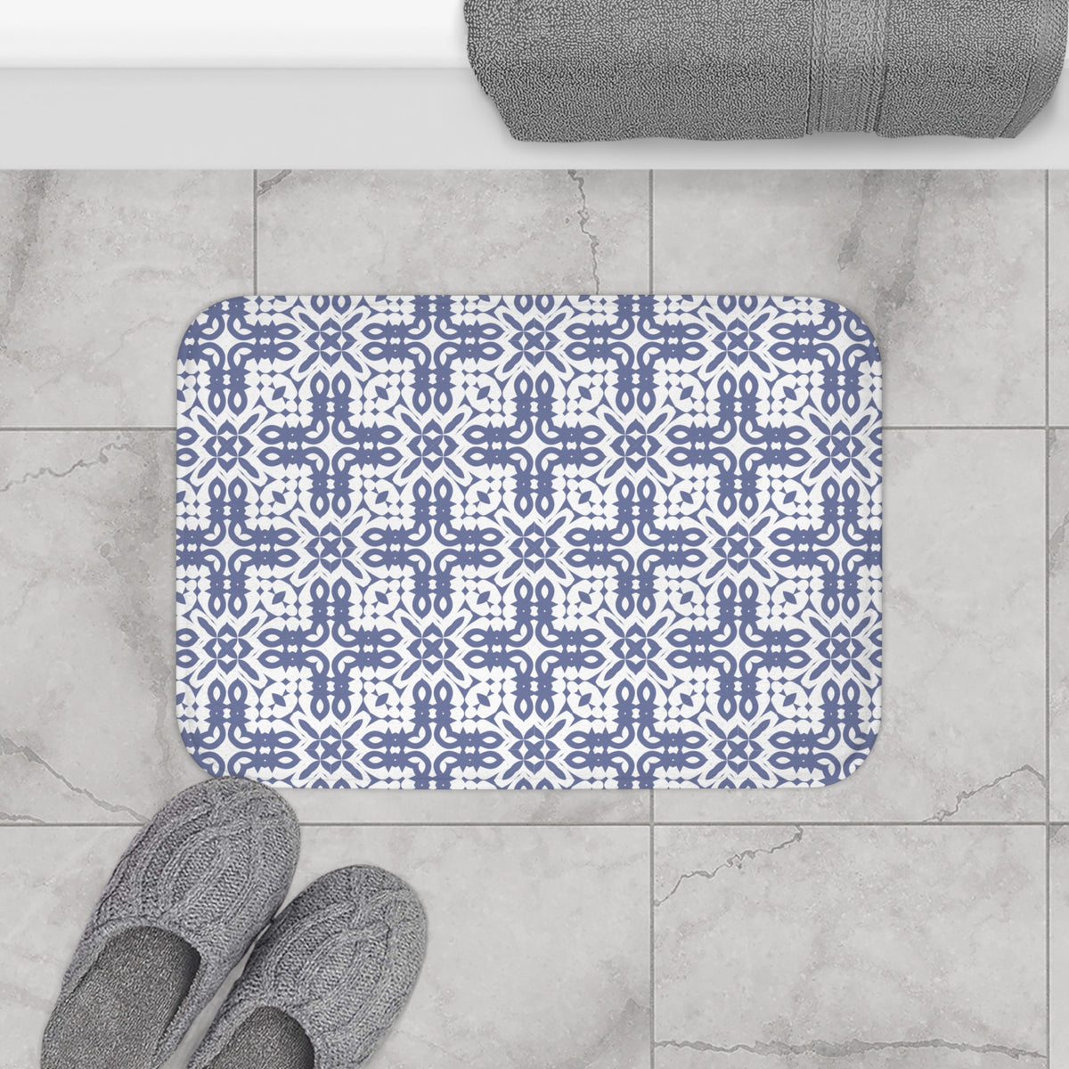 Blue Geometric Tile Bath Mat – Mediterranean Pattern Bathroom Decor
