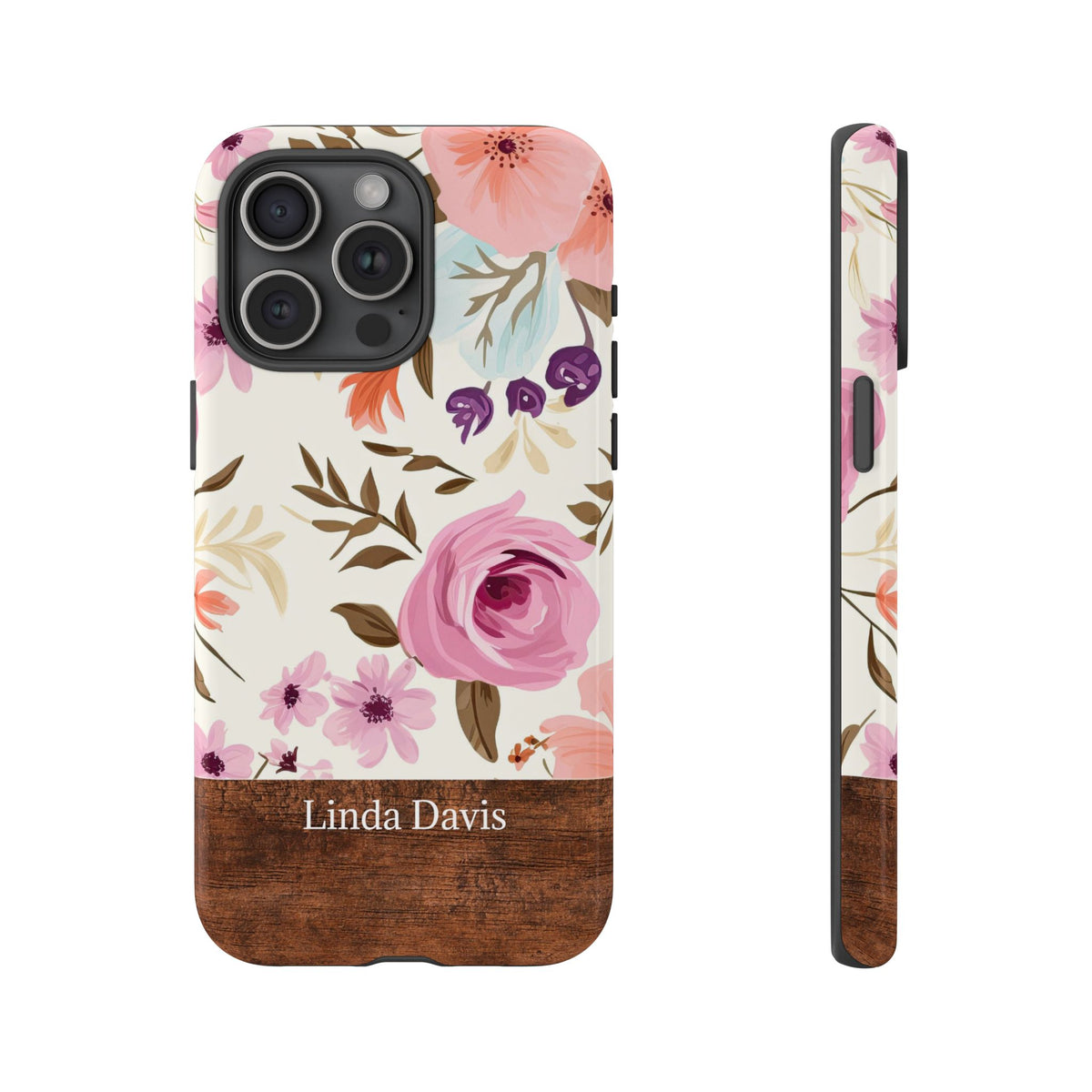 Personalized Floral Phone Case with Name – Pink Rose Wood Accent Tough Case