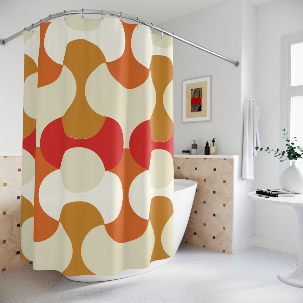 Mid Century Modern Shower Curtain | Retro Orange Geometric Bathroom Decor | 70s Mod Bath Curtain
