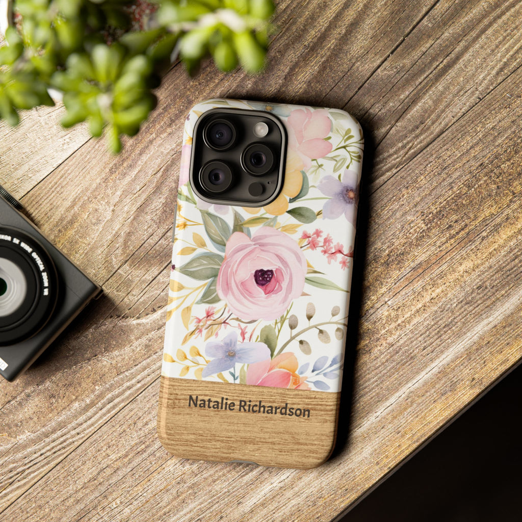 Personalized Floral Phone Case with Name – Pastel Flower Wood Accent Tough Case