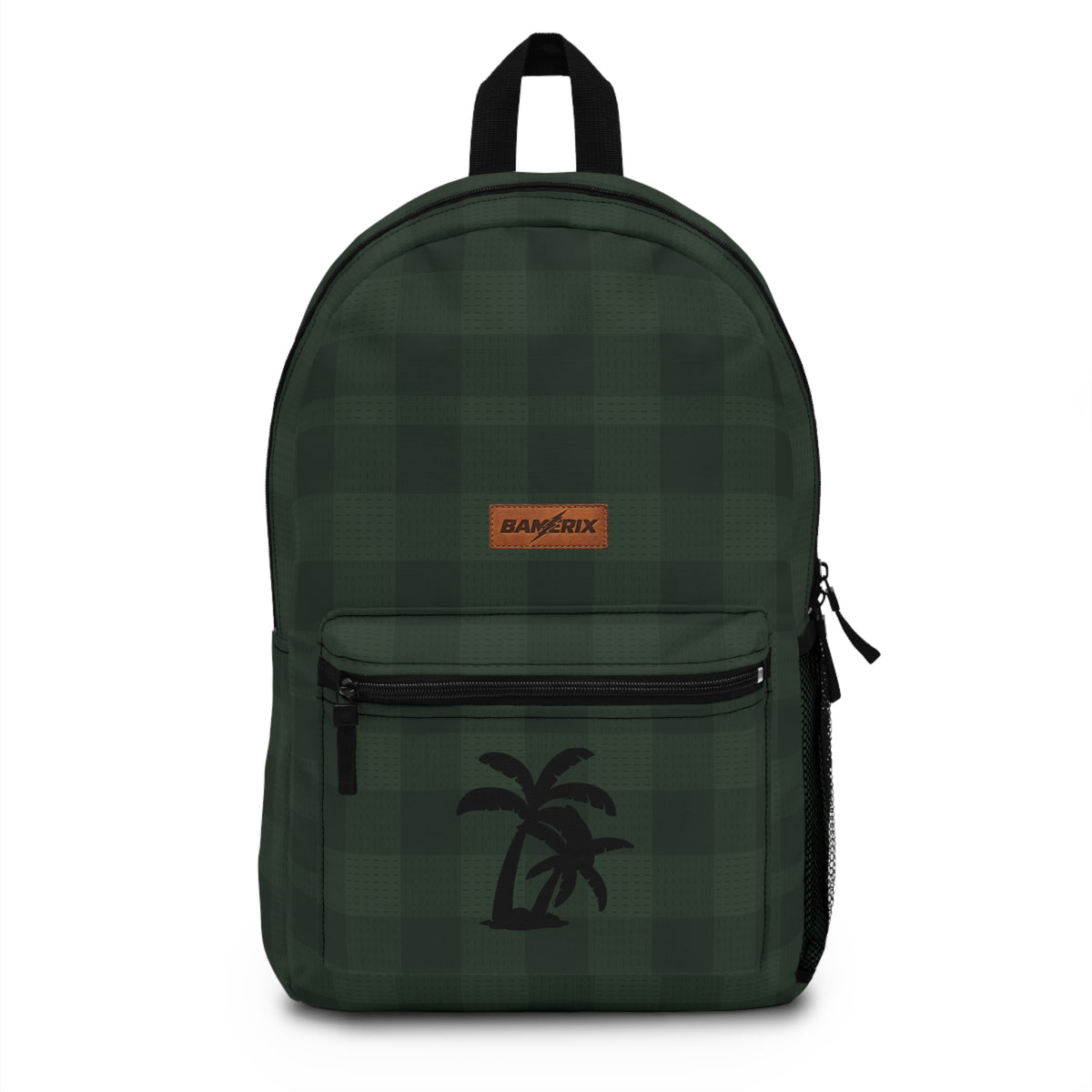 Dark Green Plaid Backpack – Minimal Palm Tree Design