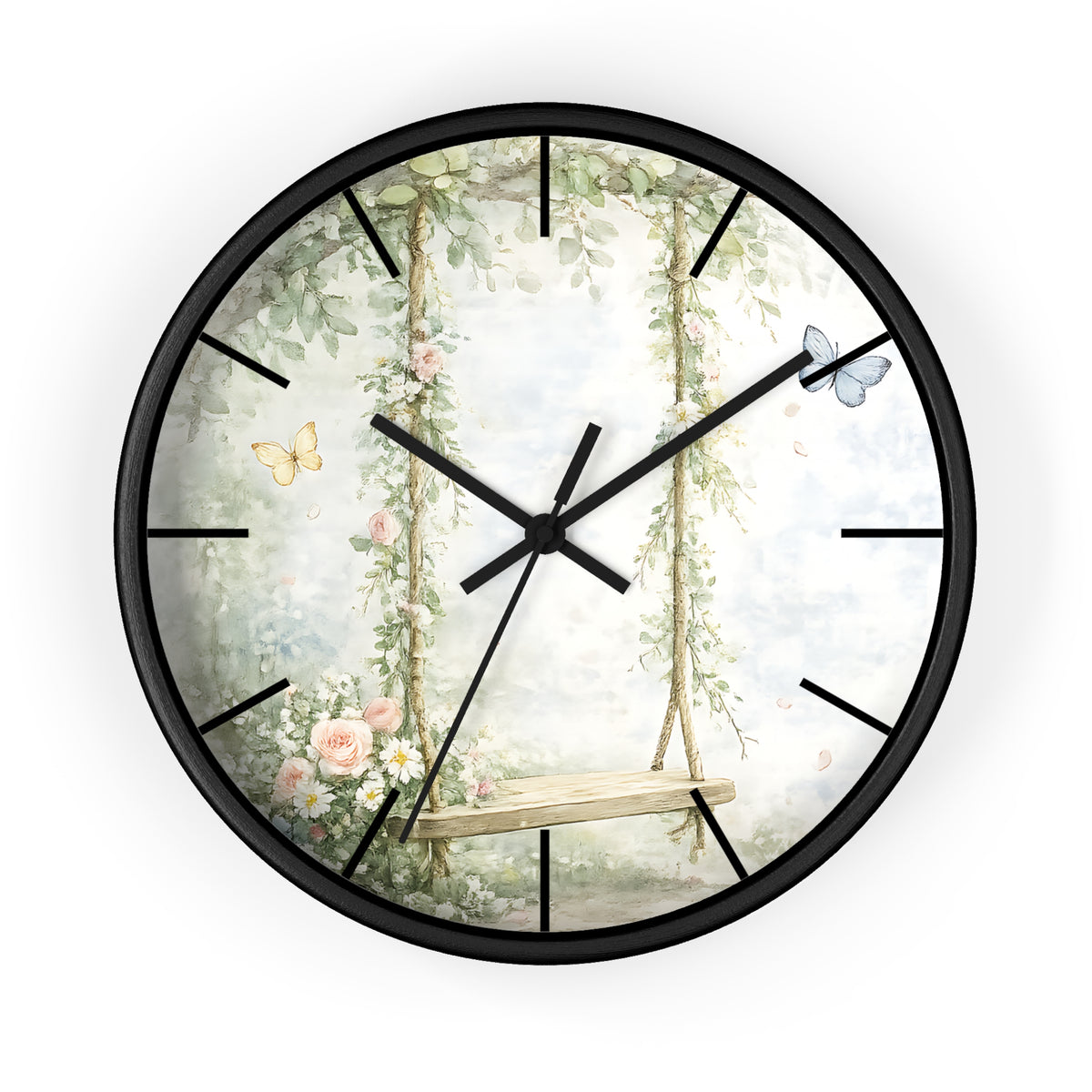 Floral Swing Illustration Wall Clock | Vintage Garden, Butterflies