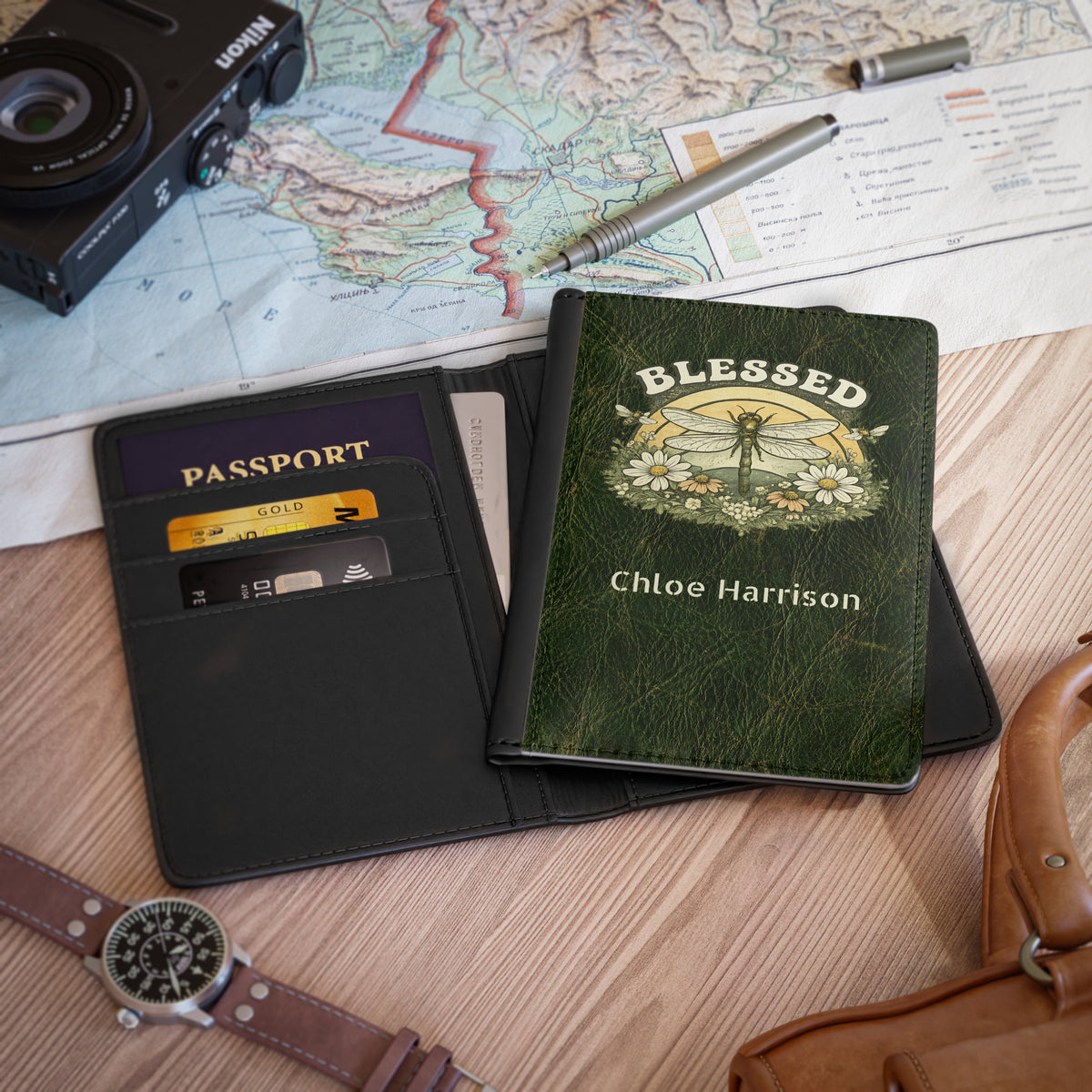 Personalized Blessed Dragonfly Passport Cover with Name – RFID Blocking Travel Passport Holder