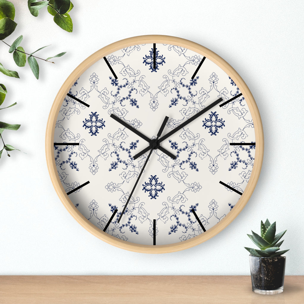 Blue Floral Damask Wall Clock | Vintage Tile Pattern, Ceramic Inspired