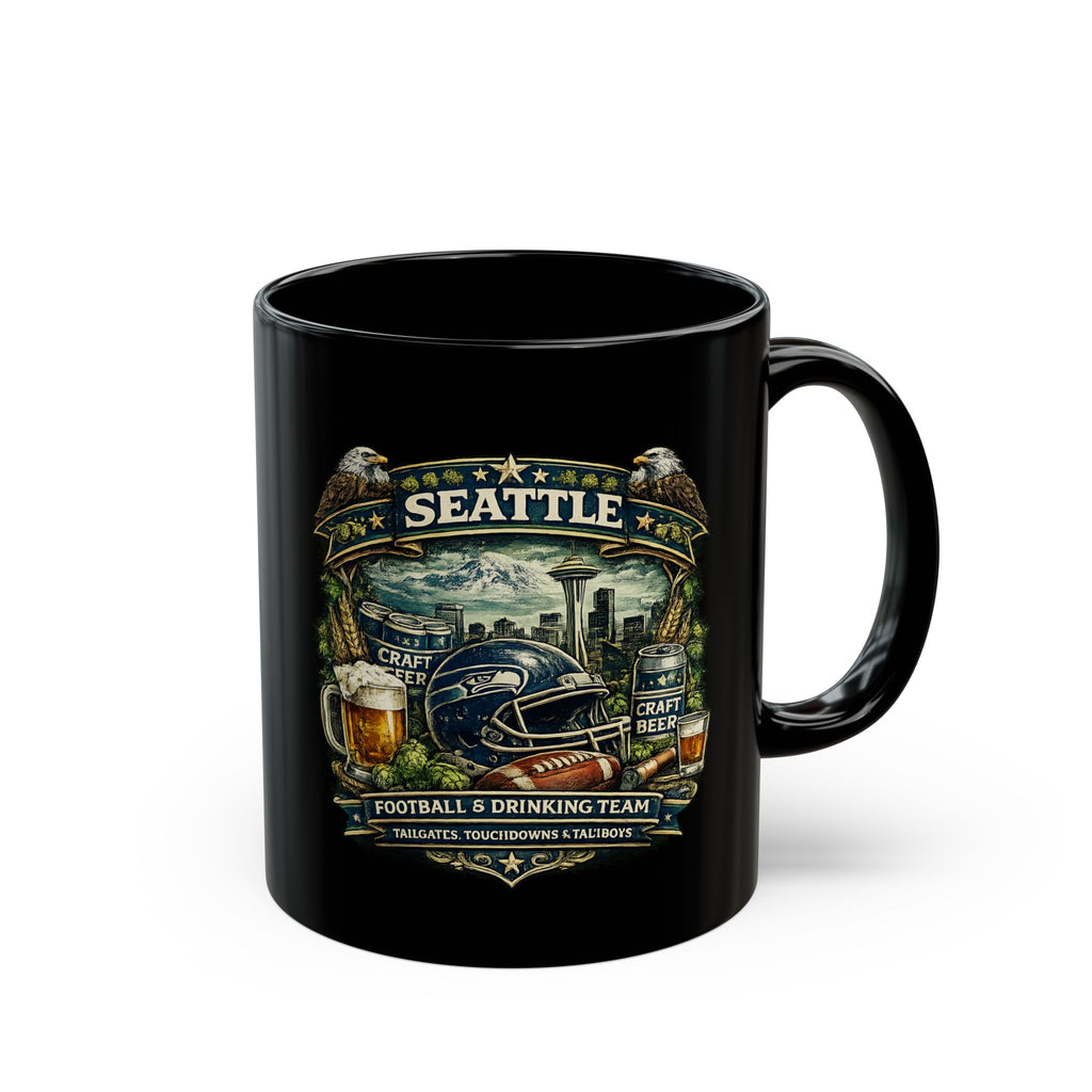Seattle Football Mug for Men Black Coffee Cup for Beer Lovers, Tailgating & Game Day Sports Fan Gift
