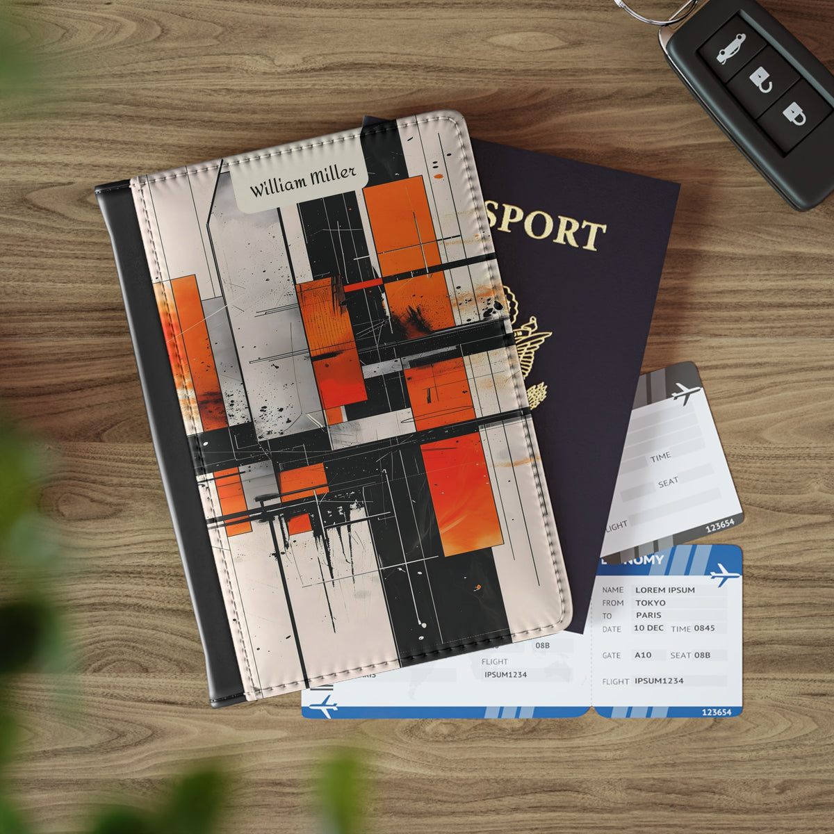 Abstract Orange Geometric Passport Cover — Personalized Name Travel Wallet