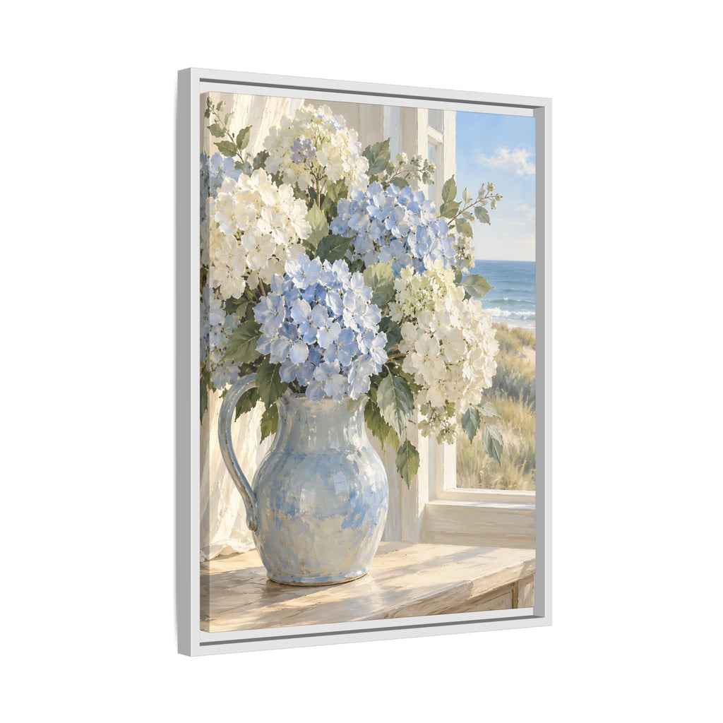 Coastal Hydrangeas Framed Canvas – Blue & White Floral Wall Art
