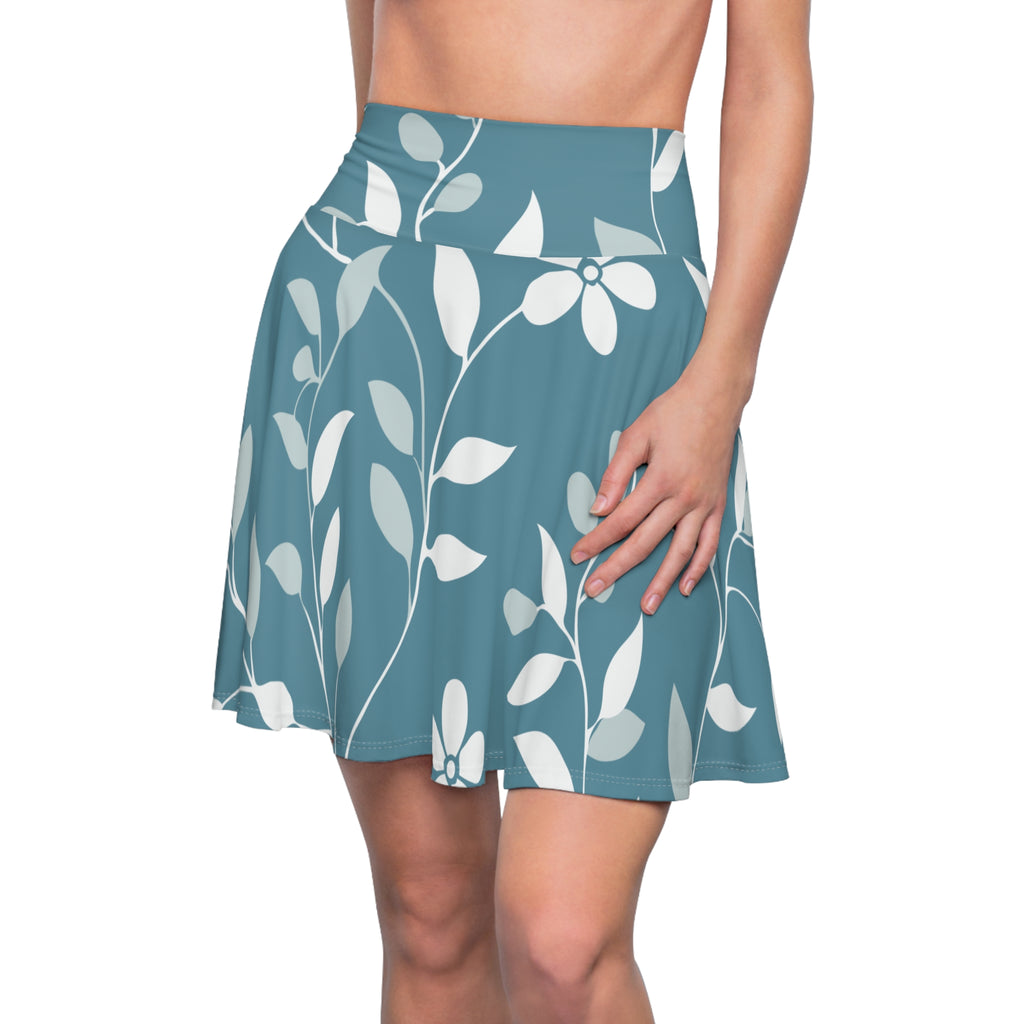 Blue Botanical Skater Skirt – Elegant Leaf Pattern