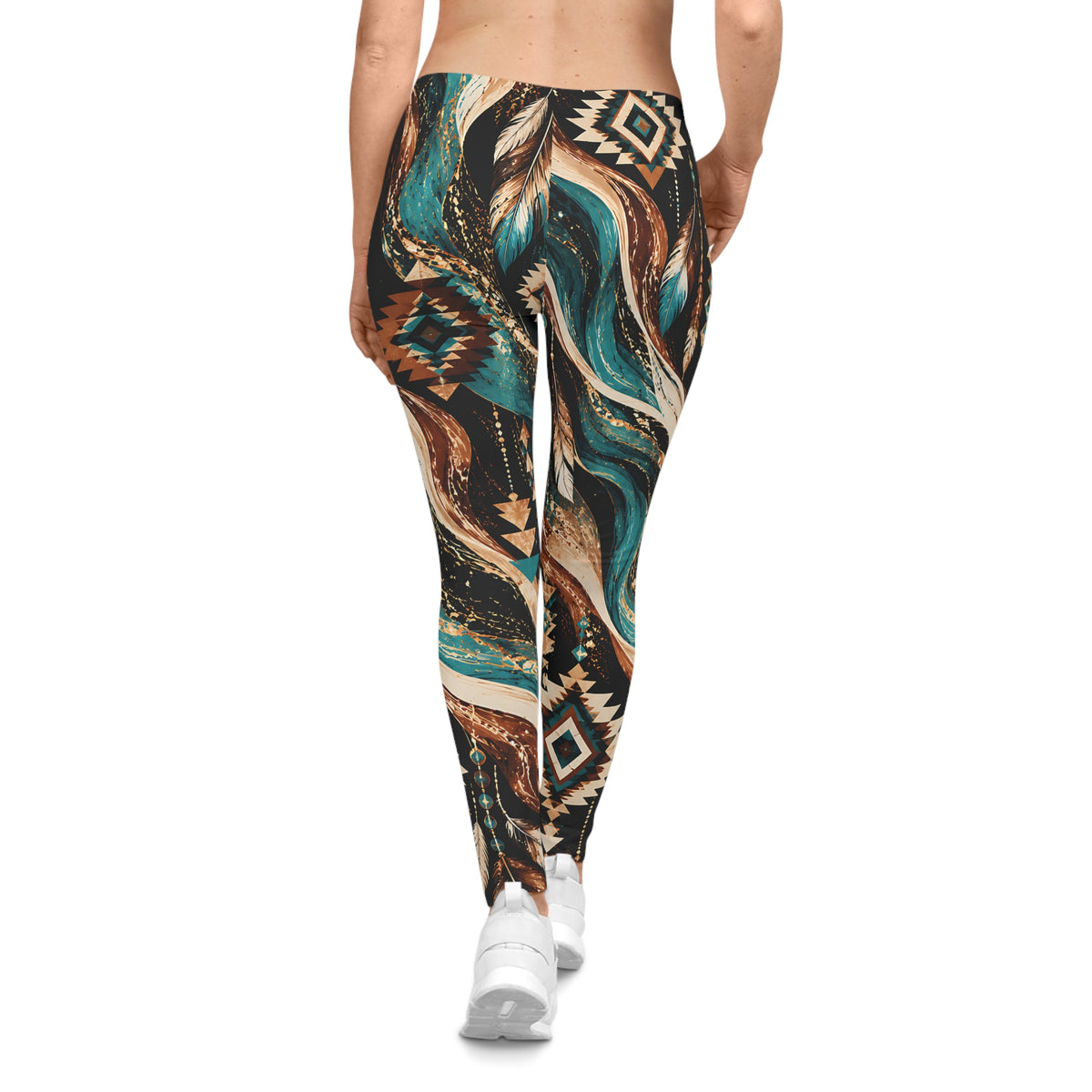 Southwestern Boho Leggings – Feather & Geometric Print