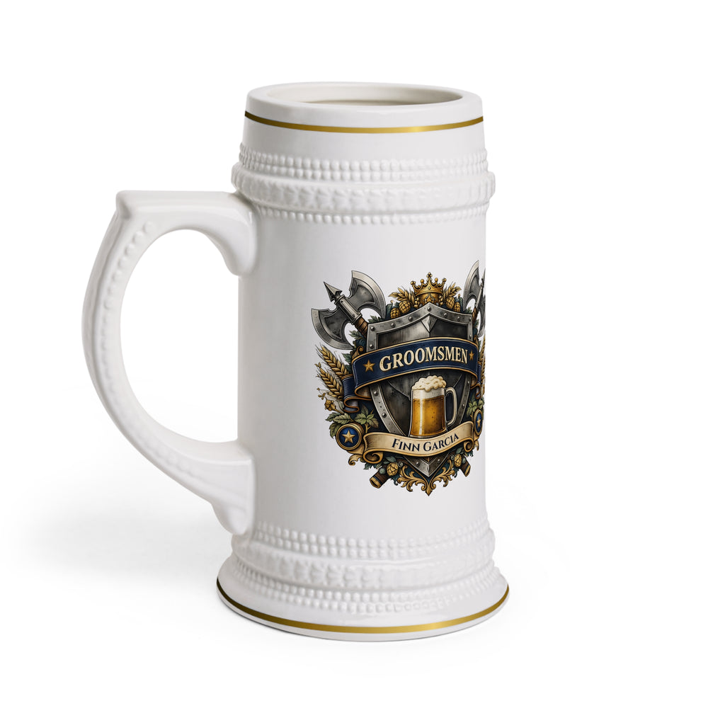 Personalized Groomsmen Beer Stein 22oz - Custom Name Wedding Mug, Medieval Shield Beer Stein