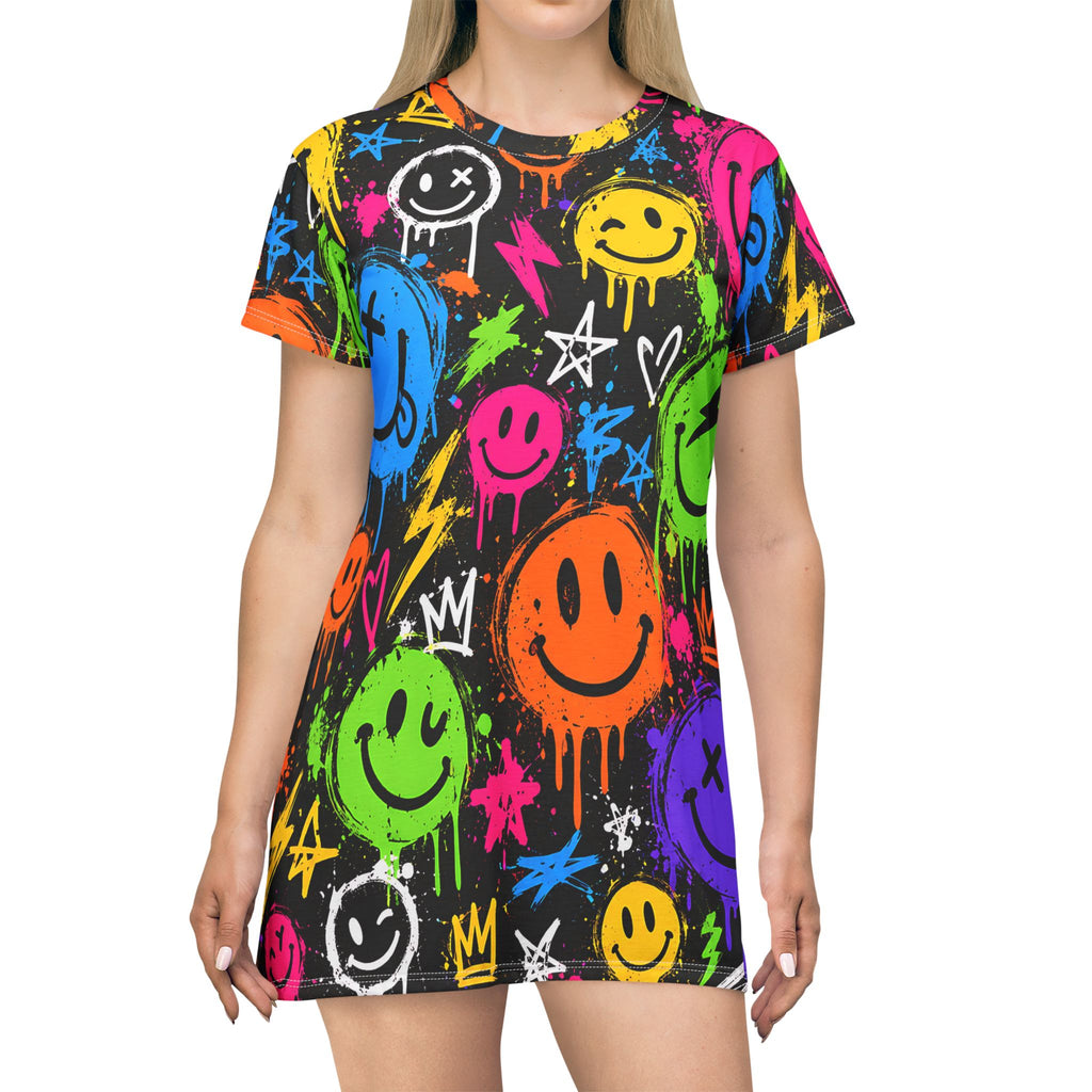 Graffiti Smiley T-Shirt Dress – Colorful Street Art Print