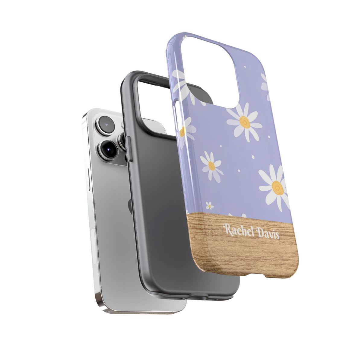Personalized Daisy Phone Case with Name – Lavender Floral Wood Accent Tough Case