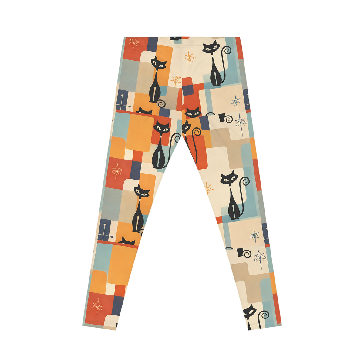 Retro Black Cat Leggings – Mid-Century Geometric Print