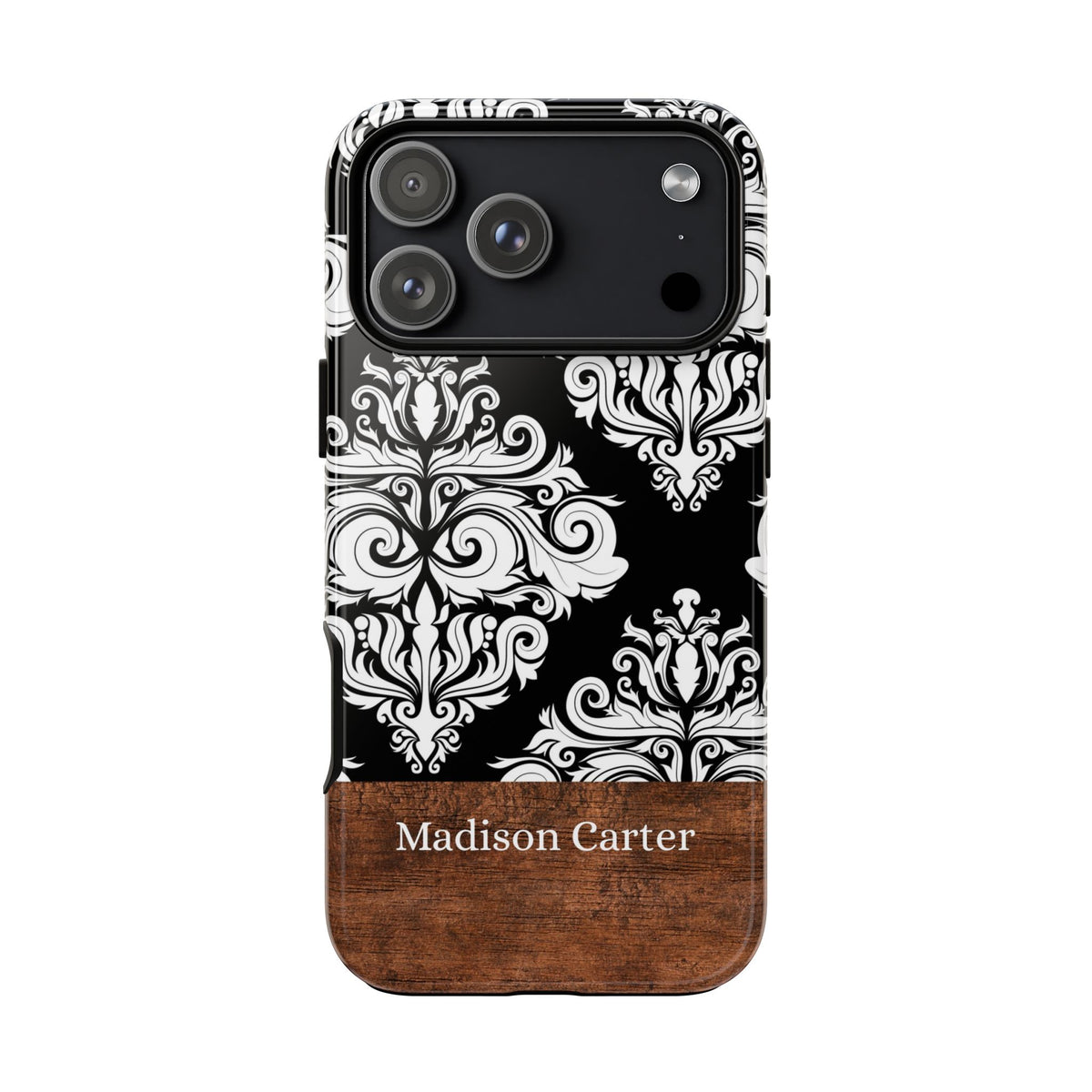 Personalized Damask Phone Case with Name – Black & White Wood Accent Tough Case