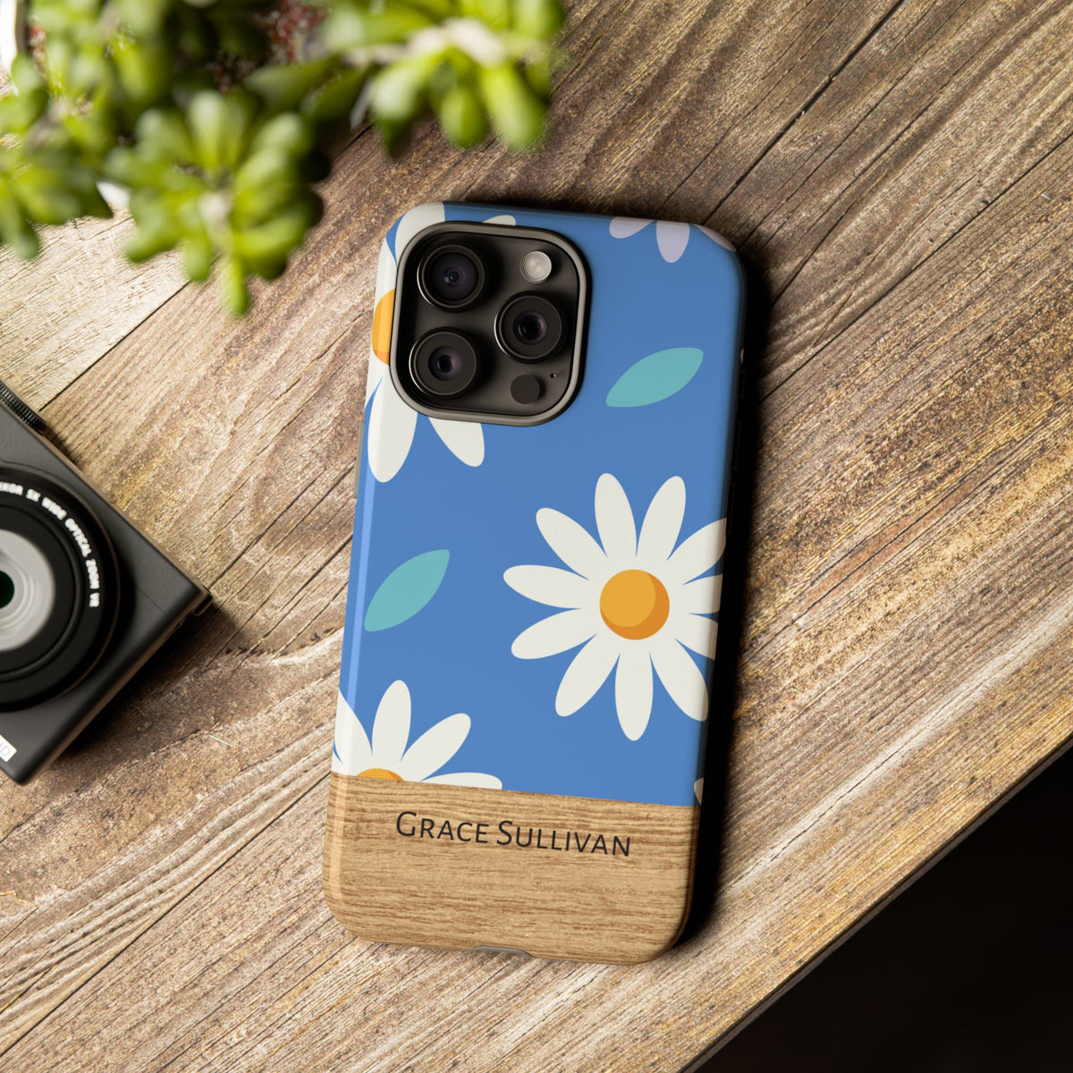 Personalized Daisy Phone Case with Name – Blue Floral Wood Accent Tough Case