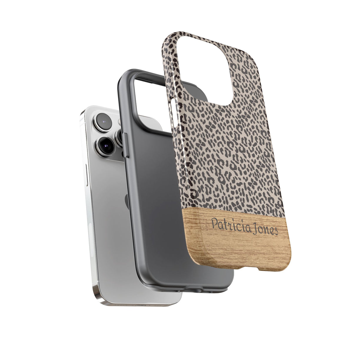 Personalized Leopard Print Phone Case with Name – Wood Accent Tough Case
