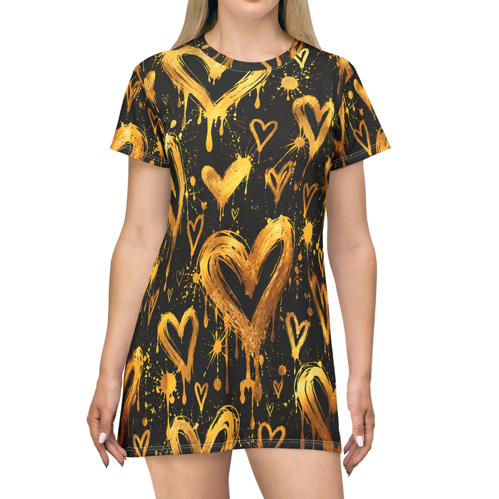 Gold Graffiti Heart T-Shirt Dress – Black & Gold Streetwear Print